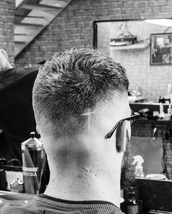 Didn’t tell him i shaved a cross in it Undercut fade with a choppy top, blunt fringe plus a little