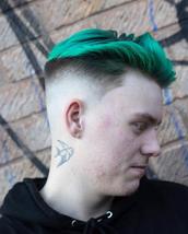 Fades of green 2 Skinfade with pointed outlines. Waves top with Offset parting and green colour.