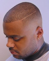 T Short, skin fade, hard parting